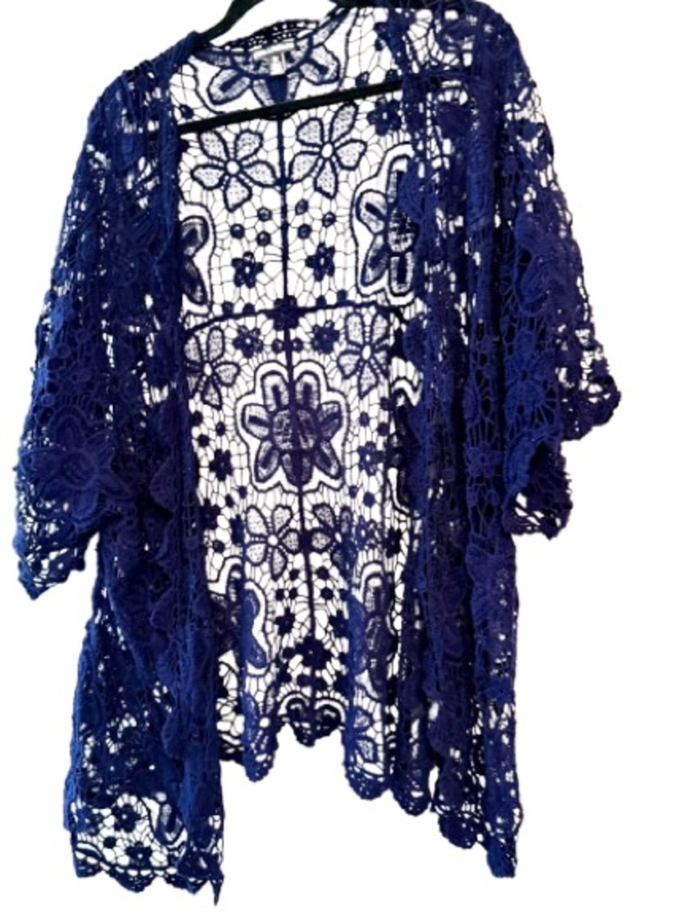 Nina Leonard Navy Crochet Lace Open-Front Kimono Plus 3X